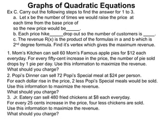 Graphs of Quadratic Equations
Ex C. Carry out the following steps to find the answer for 1 to 3.
a. Let x be the number of times we would raise the price at
each time from the base price of
so the new price would be .
b. Each price hike drop out so the number of customers is .
c. The revenue R(x) is the product of the formulas in a and b which is
2nd degree formula. Find it’s vertex which gives the maximum revenue.
1. Mom’s Kitchen can sell 60 Mom’s Famous apple pies for $12 each
everyday. For every fifty-cent increase in the price, the number of pie sold
drops by 1 pie per day. Use this information to maximize the revenue.
What should you charge?
2. Popi’s Dinner can sell 72 Popi’s Special meal at $24 per person.
For each dollar rise in the price, 2 less Popi’s Special meals would be sold.
Use this information to maximize the revenue.
What should you charge?
3. Jr. Eatery can sell 480 fried chickens at $8 each everyday.
For every 25 cents increase in the price, four less chickens are sold.
Use this information to maximize the revenue.
What should you charge?
 