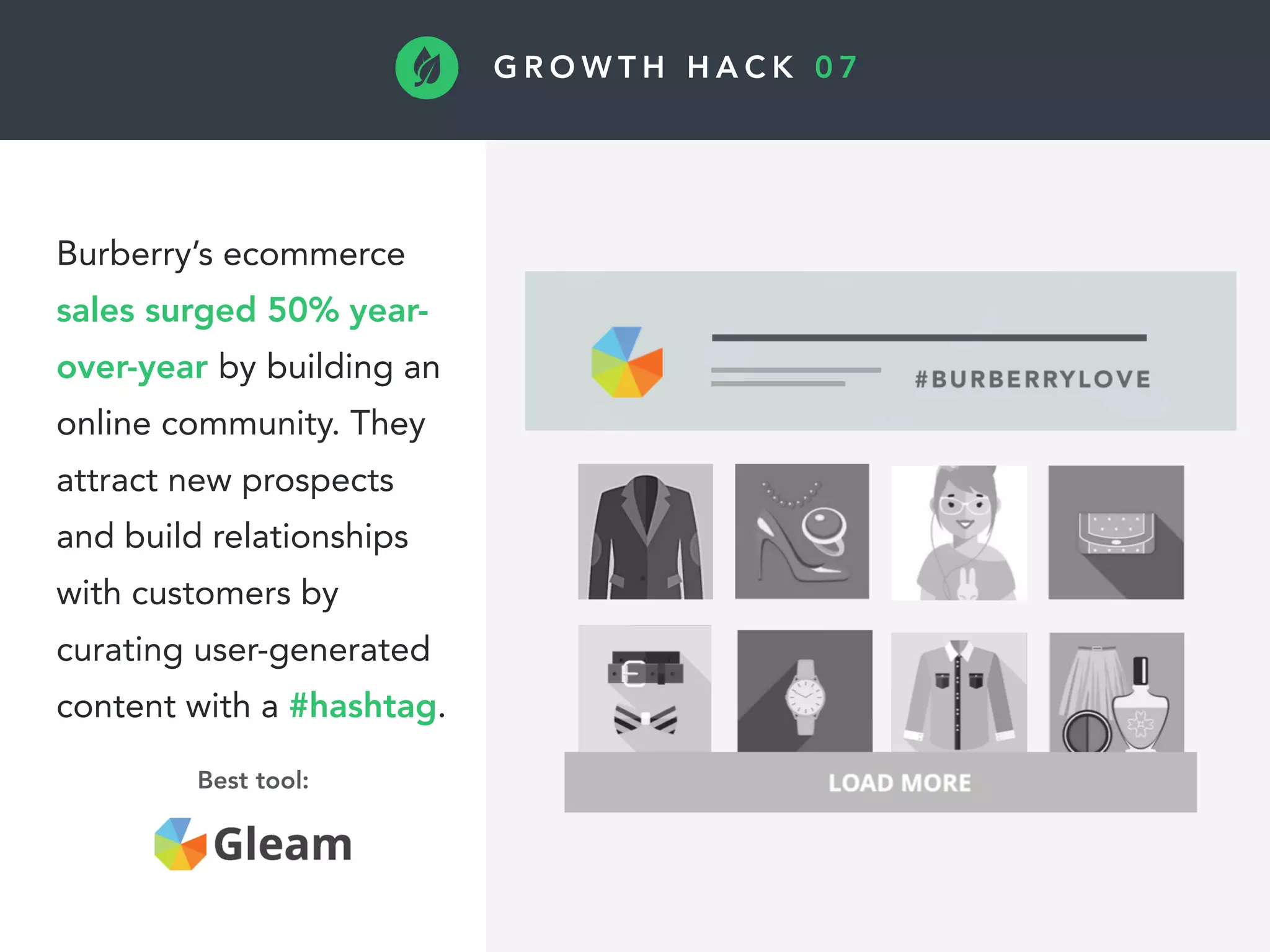 G R O W T H H A C K 0 7
Burberry’s ecommerce
sales surged 50% year-
over-year by building an
online community. They
attract new prospects
and build relationships
with customers by
curating user-generated
content with a #hashtag.
Best tool:
 