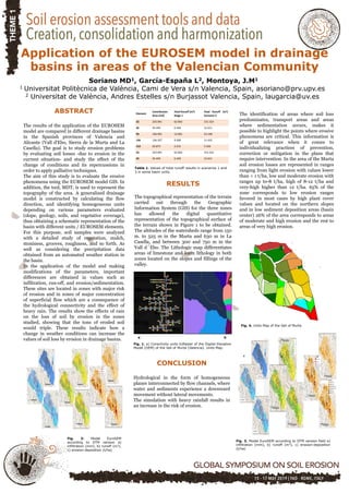 Application of the EUROSEM model in drainage
basins in areas of the Valencian Community
Soriano MD1, García-España L2, Montoya, J.M1
1 Universitat Politècnica de València, Cami de Vera s/n Valencia, Spain, asoriano@prv.upv.es
2 Universitat de València, Andres Estelles s/n Burjassot Valencia, Spain, laugarcia@uv.es
RESULTS
The topographical representation of the terrain
carried out through the Geographic
Information System (GIS) for the three zones
has allowed the digital quantitative
representation of the topographical surface of
the terrain shown in Figure 1 to be obtained.
The altitudes of the watersheds range from 150
m. to 525 m in the Murta and 630 m in La
Casella, and between 300 and 750 m in the
Vall d´Ebo. The Lithologic map differentiates
areas of limestone and loam lithology in both
zones located on the slopes and fillings of the
valley.
Element
Contribution
Area (m2)
Total Runoff (m3)
Stage 1
Total Runoff (m3)
Scenario 3
32 225.991 62.003 151.523
45 45.493 6.340 12.611
94 146.901 12.001 23.198
136 126.327 9.300 11.432
152 62.873 2.215 3.456
32 225.991 62.003 151.523
45 45.493 6.340 12.611
Table 1. Values of total runoff results in scenarios 1 and
3 in some basin units.
The identification of areas where soil loss
predominates, transport areas and areas
where sedimentation occurs, makes it
possible to highlight the points where erosive
phenomena are critical. This information is
of great relevance when it comes to
individualizing practices of prevention,
correction or mitigation in the plans that
require intervention. In the area of the Murta
soil erosion losses are represented in ranges
ranging from light erosion with values lower
than < 1 t/ha, low and moderate erosion with
ranges up to-8 t/ha, high of 8-12 t/ha and
very-high higher than 12 t/ha. 65% of the
zone corresponds to low erosion ranges
favored in most cases by high plant cover
values and located on the northern slopes
and in low sediment deposition areas (basin
center) 26% of the area corresponds to areas
of moderate and high erosion and the rest to
areas of very high erosion.
a b c
a b c
Fig. 3. Model EuroSEM according to DTM version field a)
infiltration (mm), b) runoff (m3), c) erosion-deposition
(t/ha)
Fig. 4. Units Map of the Vall of Murta
ABSTRACT
The results of the application of the EUROSEM
model are compared in different drainage basins
in the Spanish provinces of Valencia and
Alicante (Vall d'Ebo, Sierra de la Murta and La
Casella). The goal is to study erosion problems
by evaluating soil losses -due to erosion in the
current situation- and study the effect of the
change of conditions and its repercussions in
order to apply palliative techniques.
The aim of this study is to evaluate the erosive
phenomena using the EUROSEM model GIS. In
addition, the tool, MDT, is used to represent the
topography of the area. A generalized drainage
model is constructed by calculating the flow
direction, and identifying homogeneous units
depending on various parameters evaluated
(slope, geology, soils, and vegetative coverage),
thus obtaining a schematic representation of the
basin with different units / EUROSEM elements.
For this purpose, soil samples were analyzed
with a detailed study of vegetation, mulch,
stoniness, grooves, roughness, and so forth. As
well as considering the precipitation data
obtained from an automated weather station in
the basin.
In the application of the model and making
modifications of the parameters, important
differences are obtained in values such as
infiltration, run-off, and erosion/sedimentation.
These sites are located in zones with major risk
of erosion and in zones of major concentration
of superficial flow which are a consequence of
the hydrological connectivity and the effect of
heavy rain. The results show the effects of rain
on the loss of soil by erosion in the zones
studied, showing that the tons of eroded soil
would triple. These results indicate how a
change in weather conditions can increase the
values of soil loss by erosion in drainage basins.
CONCLUSION
Hydrological in the form of homogeneous
planes interconnected by flow channels, where
water and sediments experience a downward
movement without lateral movements.
The simulation with heavy rainfall results in
an increase in the risk of erosion.
a b
Fig. 1. a) Conectivity units b)Raster of the Digital Elevation
Model (DEM) of the Vall of Murta (Valencia). Units Map.
Fig. 2: Model EuroSEM
according to DTM version a)
infiltration (mm), b) runoff (m3),
c) erosion-deposition (t/ha)
 