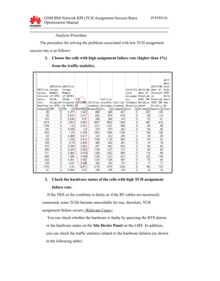 GSM BSS Network KPI (TCH Assignment Success Rate)
Optimization Manual
INTERNAL
Analysis Procedure
The procedure for solving the problems associated with low TCH assignment
success rate is as follows:
1. Choose the cells with high assignment failure rate (higher than 1%)
from the traffic statistics.
2. Check the hardware status of the cells with high TCH assignment
failure rate.
If the TRX or the combiner is faulty or if the RF cables are incorrectly
connected, some TCHs become unavailable for use; therefore, TCH
assignment failure occurs.<Relevant Cases>
You can check whether the hardware is faulty by querying the BTS alarms
or the hardware status on the Site Device Panel on the LMT. In addition,
you can check the traffic statistics related to the hardware failures (as shown
in the following table).
 
