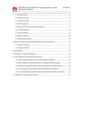 GSM BSS Network KPI (TCH Assignment Success Rate)
Optimization Manual
INTERNAL
2.1 Hardware Fault .....................................................................................................................8
2.2 Transmission Fault................................................................................................................8
2.3 Parameter Settings................................................................................................................8
2.4 TCH Congestion....................................................................................................................9
2.5 Intra-network and Inter-network Interference......................................................................9
2.6 Coverage Problems.............................................................................................................10
2.7 Antenna Problems...............................................................................................................10
2.8 Repeater Problems..............................................................................................................10
2.9 Mobile Phone Problems......................................................................................................10
3 Analysis Procedure and Optimization Method of Assignment Failures.......................................11
3.1 Analysis Procedure..............................................................................................................11
3.2 Analysis Procedure.............................................................................................................13
4 Test Methods..................................................................................................................................25
5 Description of Assignment Requests............................................................................................25
6 Cases of Optimizing Assignment Success Rate..........................................................................27
6.1 High Assignment Failure Rate After BTS Capacity Expansion......................................27
6.2 High Assignment Failure Rate Because of Improper Parameter Settings.........................28
6.3 Decrease in Assignment Success Rate due to Insufficient Channel Resources................30
6.4 Low Assignment Success Rate Caused by Insufficient Ater Resources...........................31
6.5 Low Assignment Success Rate Because of Configuration of Half-rate Channels............32
7 Feedbacks on Assignment Success Rate .....................................................................................33
 