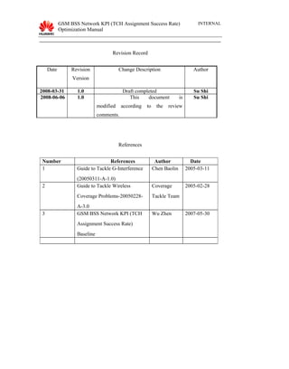 GSM BSS Network KPI (TCH Assignment Success Rate)
Optimization Manual
INTERNAL
Revision Record
Date Revision
Version
Change Description Author
2008-03-31 1.0 Draft completed Su Shi
2008-06-06 1.0 This document is
modified according to the review
comments.
Su Shi
References
Number References Author Date
1 Guide to Tackle G-Interference
(20050311-A-1.0)
Chen Baolin 2005-03-11
2 Guide to Tackle Wireless
Coverage Problems-20050228-
A-3.0
Coverage
Tackle Team
2005-02-28
3 GSM BSS Network KPI (TCH
Assignment Success Rate)
Baseline
Wu Zhen 2007-05-30
 