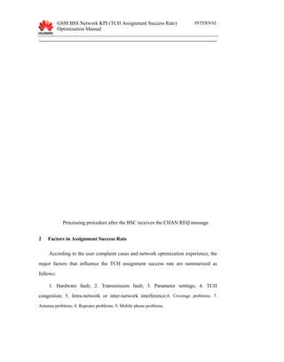 GSM BSS Network KPI (TCH Assignment Success Rate)
Optimization Manual
INTERNAL
Processing procedure after the BSC receives the CHAN REQ message
2 Factors in Assignment Success Rate
According to the user complaint cases and network optimization experience, the
major factors that influence the TCH assignment success rate are summarized as
follows:
1. Hardware fault; 2. Transmission fault; 3. Parameter settings; 4. TCH
congestion; 5. Intra-network or inter-network interference;6. Coverage problems; 7.
Antenna problems; 8. Repeater problems; 9. Mobile phone problems.
 