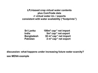 LPJ-based crop virtual water contents
                          plus ComTrade data
                     -> virtual water im- / exports
            consistent with water availability (“footprints”)



              Sri Lanka           100m3 cap-1 net import
                                          Cyprus

              India                 5m3 cap-1 net export
              Bangladesh           30 m3 cap-1 net import
              Pakistan              2 m3 cap-1 net export




discussion: what happens under increasing future water scarcity?
see MENA example




                              .
 