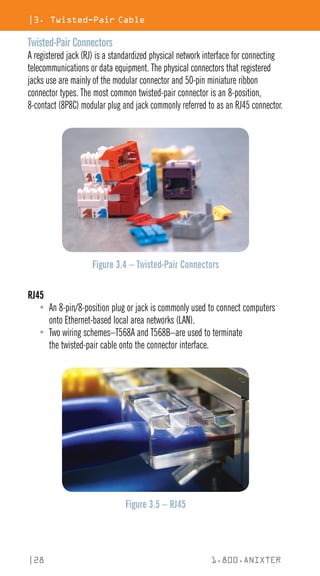 |3. Twisted-Pair Cable
|28 1.800.ANIXTER
Twisted-Pair Connectors
A registered jack (RJ) is a standardized physical network interface for connecting
telecommunications or data equipment. The physical connectors that registered
jacks use are mainly of the modular connector and 50-pin miniature ribbon
connector types. The most common twisted-pair connector is an 8-position,
8-contact (8P8C) modular plug and jack commonly referred to as an RJ45 connector.
Figure 3.4 – Twisted-Pair Connectors
RJ45
• An 8-pin/8-position plug or jack is commonly used to connect computers
onto Ethernet-based local area networks (LAN).
• Two wiring schemes–T568A and T568B–are used to terminate
the twisted-pair cable onto the connector interface.
Figure 3.5 – RJ45
 