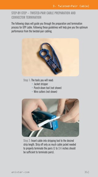 3. Twisted-Pair Cable|
anixter.com 31|
STEP-BY-STEP – TWISTED-PAIR CABLE PREPARATION AND
CONNECTOR TERMINATION
The following steps will guide you through the preparation and termination
process for UTP cable. Following these guidelines will help give you the optimum
performance from the twisted-pair cabling.
Step 1: 
The tools you will need:
• Jacket stripper
• Punch-down tool (not shown)
• Wire cutters (not shown)
Step 2: Insert cable into stripping tool to the desired
strip length. Strip off only as much cable jacket needed
to properly terminate the pairs (1 to 1½ inches should
be sufficient to terminate pairs).
 