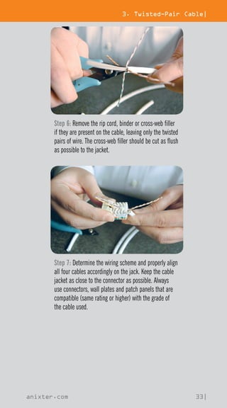 3. Twisted-Pair Cable|
anixter.com 33|
Step 6: Remove the rip cord, binder or cross-web filler
if they are present on the cable, leaving only the twisted
pairs of wire. The cross-web filler should be cut as flush
as possible to the jacket.
Step 7: Determine the wiring scheme and properly align
all four cables accordingly on the jack. Keep the cable
jacket as close to the connector as possible. Always
use connectors, wall plates and patch panels that are
compatible (same rating or higher) with the grade of
the cable used.
 