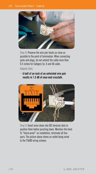 |3. Twisted-Pair Cable
|34 1.800.ANIXTER
Step 8: Preserve the wire pair twists as close as
possible to the point of termination. When connecting
jacks and plugs, do not untwist the cable more than
0.5 inches for Category 5e, 6 and 6A cable.
Helpful Hint: 
• 
A half of an inch of an untwisted wire pair
results in 1.5 dB of near-end crosstalk.
Step 9: Insert wires down into IDC terminal slots to
position them before punching down. Maintain the twist.
To “future-proof” an installation, terminate all four
pairs. The picture above shows an outlet being wired
to the T568B wiring scheme.
 