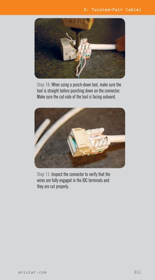 3. Twisted-Pair Cable|
anixter.com 35|
Step 10: When using a punch-down tool, make sure the
tool is straight before punching down on the connector.
Make sure the cut-side of the tool is facing outward.
Step 11: Inspect the connector to verify that the
wires are fully engaged in the IDC terminals and
they are cut properly.
 