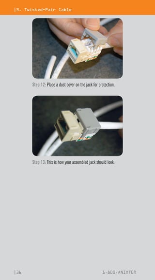 |3. Twisted-Pair Cable
|36 1.800.ANIXTER
Step 12: Place a dust cover on the jack for protection.
Step 13: This is how your assembled jack should look.
 