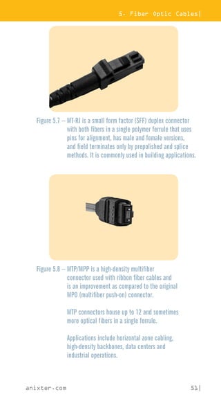5. Fiber Optic Cables|
anixter.com 51|
Figure 5.7 – 
MT-RJ is a small form factor (SFF) duplex connector
with both fibers in a single polymer ferrule that uses
pins for alignment, has male and female versions,
and field terminates only by prepolished and splice
methods. It is commonly used in building applications.
Figure 5.8 – 
MTP/MPP is a high-density multifiber
connector used with ribbon fiber cables and
is an improvement as compared to the original
MPO (multifiber push-on) connector.
MTP connectors house up to 12 and sometimes
more optical fibers in a single ferrule.
Applications include horizontal zone cabling,
high-density backbones, data centers and
industrial operations.
 