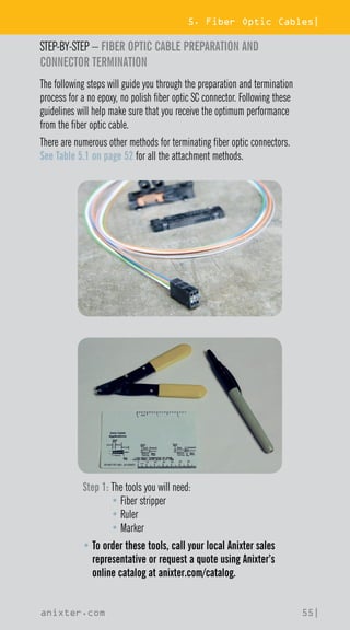 5. Fiber Optic Cables|
anixter.com 55|
STEP-BY-STEP – FIBER OPTIC CABLE PREPARATION AND
CONNECTOR TERMINATION
The following steps will guide you through the preparation and termination
process for a no epoxy, no polish fiber optic SC connector. Following these
guidelines will help make sure that you receive the optimum performance
from the fiber optic cable.
There are numerous other methods for terminating fiber optic connectors.
See Table 5.1 on page 52 for all the attachment methods.
Step 1: 
The tools you will need:
• Fiber stripper
• Ruler
• Marker
• 
To order these tools, call your local Anixter sales
representative or request a quote using Anixter’s
online catalog at anixter.com/catalog.
 