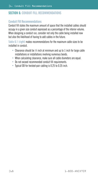 |6. Conduit Fill Recommendations
|68 1.800.ANIXTER
SECTION 6: CONDUIT FILL RECOMMENDATIONS
Conduit Fill Recommendations
Conduit fill states the maximum amount of space that the installed cables should
occupy in a given size conduit expressed as a percentage of the interior volume.
When designing a conduit run, consider not only the cable being installed now
but also the likelihood of having to add cables in the future.
Table 6.1 (right) makes recommendations for the maximum cable sizes to be
installed in conduit.
• Clearance should be ¼ inch at minimum and up to 1 inch for large cable
installations or installations involving numerous bends.
• When calculating clearance, make sure all cable diameters are equal.
• Do not exceed recommended conduit fill requirements.
• Typical OD for twisted-pair cabling is 0.25 to 0.35 inch.
 