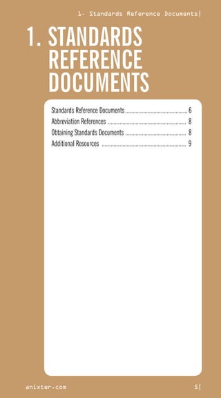 1. Standards Reference Documents|
anixter.com 5|
Standards Reference Documents...........................................6
Abbreviation References ...................................................... 8
Obtaining Standards Documents .......................................... 8
Additional Resources .......................................................... 9
1.	STANDARDS
REFERENCE
DOCUMENTS
 