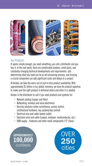8. About Anixter|
anixter.com 77|
Our Products
It seems simple enough: you need something, you call a distributor and you
buy it. In the real world, there are complicated systems, small parts, and
constantly changing technical developments and requirements. Just
determining what you need can be an all-consuming process, and missing
a crucial component can add significant costs and delays to a project.
At Anixter, we take the worry out of just-in-time product availability. With
approximately $1 billion in our global inventory, we have the product expertise
to make sure the right product is delivered where and when it is needed.
Anixter is the distributor to call if you need products and systems for:
• Network cabling (copper and fiber)
• Networking, wireless and voice electronics
• Security solutions (video surveillance, access control,
architectural hardware, key systems/key control)
• Electrical wire and cable (power cable)
• Electronic wire and cable (coaxial, multipair, multiconductor, etc.)
• OEM supply - fasteners and other small components (C Class).
OVER
250
cities
APPROXIMATELY
100,000
CUSTOMERS
 