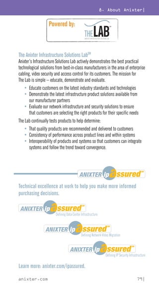 8. About Anixter|
anixter.com 79|
The Anixter Infrastructure Solutions LabSM
Anixter’s Infrastructure Solutions Lab actively demonstrates the best practical
technological solutions from best-in-class manufacturers in the area of enterprise
cabling, video security and access control for its customers. The mission for
The Lab is simple – educate, demonstrate and evaluate.
• Educate customers on the latest industry standards and technologies
• Demonstrate the latest infrastructure product solutions available from
our manufacturer partners
• Evaluate our network infrastructure and security solutions to ensure
that customers are selecting the right products for their specific needs
The Lab continually tests products to help determine:
• That quality products are recommended and delivered to customers
• Consistency of performance across product lines and within systems
• Interoperability of products and systems so that customers can integrate
systems and follow the trend toward convergence.
Technical excellence at work to help you make more informed
purchasing decisions.
Learn more: anixter.com/ipassured.
 