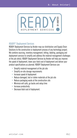 8. About Anixter|
anixter.com 81|
READY!SM
Deployment Services
READY! Deployment Services by Anixter map our distribution and Supply Chain
Solutions to the construction or deployment process of any technology project.
We combine sourcing, inventory management, kitting, labeling, packaging and
deployment services to simplify and address the material management challenges
at the job site(s). READY! Deployment Services by Anixter will help you improve
the speed of deployment, lower your total cost of deployment and deliver your
product specifications as planned. READY! Deployment Services can:
• Simplify material management at the job site
• Simplify on-site storage requirements
• Increase speed of deployment
• Reduce damaged, lost or stolen materials at the job site
• Reduce packaging waste at the construction site
• Minimize will calls, go backs and setup time
• Increase productivity
• Decrease total cost of deployment.
 