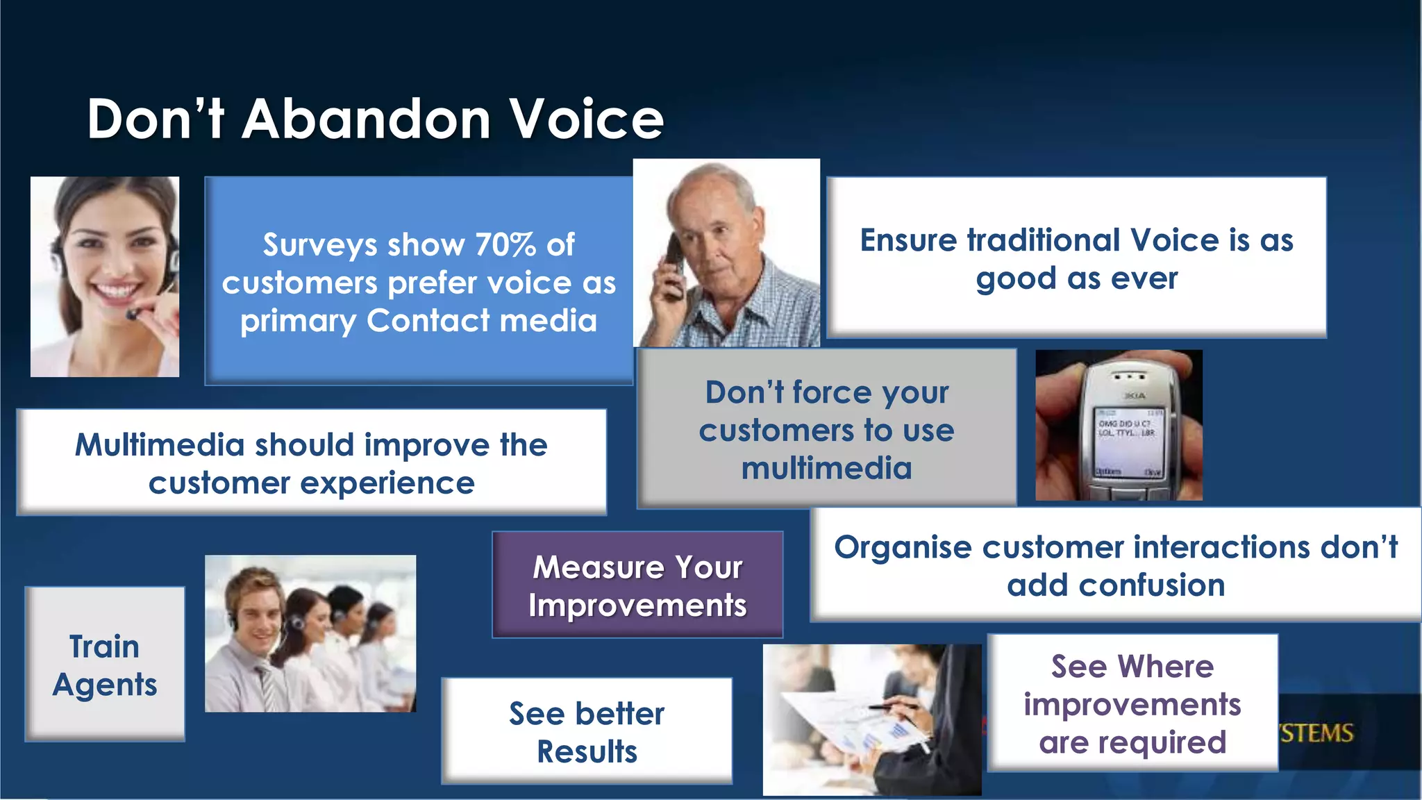 Surveys show 70% of 
customers prefer voice as 
primary Contact media 
Ensure traditional Voice is as 
good as ever 
Multimedia should improve the 
customer experience 
Don’t force your 
customers to use 
multimedia 
Measure Your 
Improvements 
Train 
Agents 
See better 
Results 
Organise customer interactions don’t 
add confusion 
See Where 
improvements 
are required 
Don’t Abandon Voice 
 
