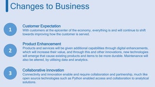 Changes to Business
Customer Expectation
With customers at the epicenter of the economy, everything is and will continue to shift
towards improving how the customer is served.
1
2
3
Product Enhancement
Products and services will be given additional capabilities through digital enhancements,
which will increase their value, and through this and other innovations, new technologies
will emerge that cause existing products and items to be more durable. Maintenance will
also be altered, by utilising data and analytics.
Collaborative innovation
Connectivity and innovation enable and require collaboration and partnership, much like
open source technologies such as Python enabled access and collaboration to analytical
solutions.
 
