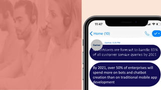 Gartner, 5:25 PM
By 2021, over 50% of enterprises will
spend more on bots and chatbot
creation than on traditional mobile app
development
 