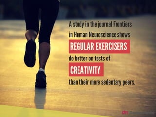 A study in the journal Frontiers in Human
Neurosciences shows Regular Exercisers do better on
tests of creativity than their more sedentary peers.
 