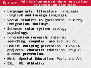 Main Curriculum areas where instructional collaborations take place Language arts: literature, languages (English and foreign languages) Social studies: US government, history, immigration, holidays,  Science: solar system, ecology, psychology,  Information research: internet searching, computer, web evaluation,  Health: bullying prevention, HIV/AIDS projects, character education, drug & alcohol prevention,  Math; Special Education; Music and Art ESL;  PE: Athletics   
