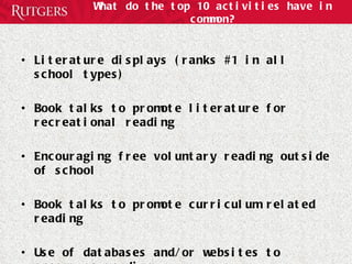 What do the top 10 activities have in common? Literature displays (ranks #1 in all school types) Book talks to promote literature for recreational reading Encouraging free voluntary reading outside of school Book talks to promote curriculum related reading Use of databases and/or websites to encourage reading 