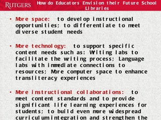 How do Educators Envision their Future School Libraries More space:  to develop instructional opportunities; to differentiate to meet diverse student needs  More technology:  to support specific content needs such as: Writing labs to facilitate the writing process; Language labs with immediate connections to resources; More computer space to enhance transliteracy experiences More instructional collaborations:  to meet content standards and to provide significant life learning experiences for students; to build even more widespread curriculum integration and strengthen the interdisciplinary learning and teaching taking place 