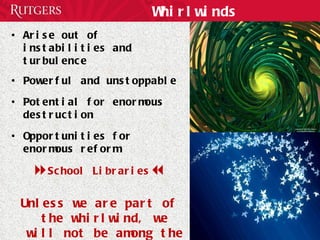 Whirlwinds Arise out of instabilities and turbulence Powerful and unstoppable Potential for enormous destruction Opportunities for enormous reform  School Libraries  Unless we are part of the whirlwind, we will not be among the stars 