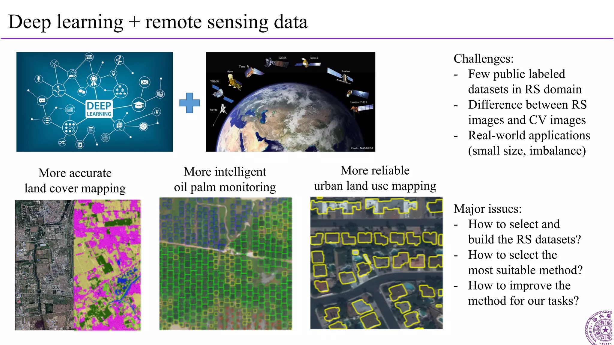 14
More reliable
urban land use mapping
More intelligent
oil palm monitoring
More accurate
land cover mapping
Major issues:
- How to select and
build the RS datasets?
- How to select the
most suitable method?
- How to improve the
method for our tasks?
Challenges:
- Few public labeled
datasets in RS domain
- Difference between RS
images and CV images
- Real-world applications
(small size, imbalance)
Deep learning + remote sensing data
 
