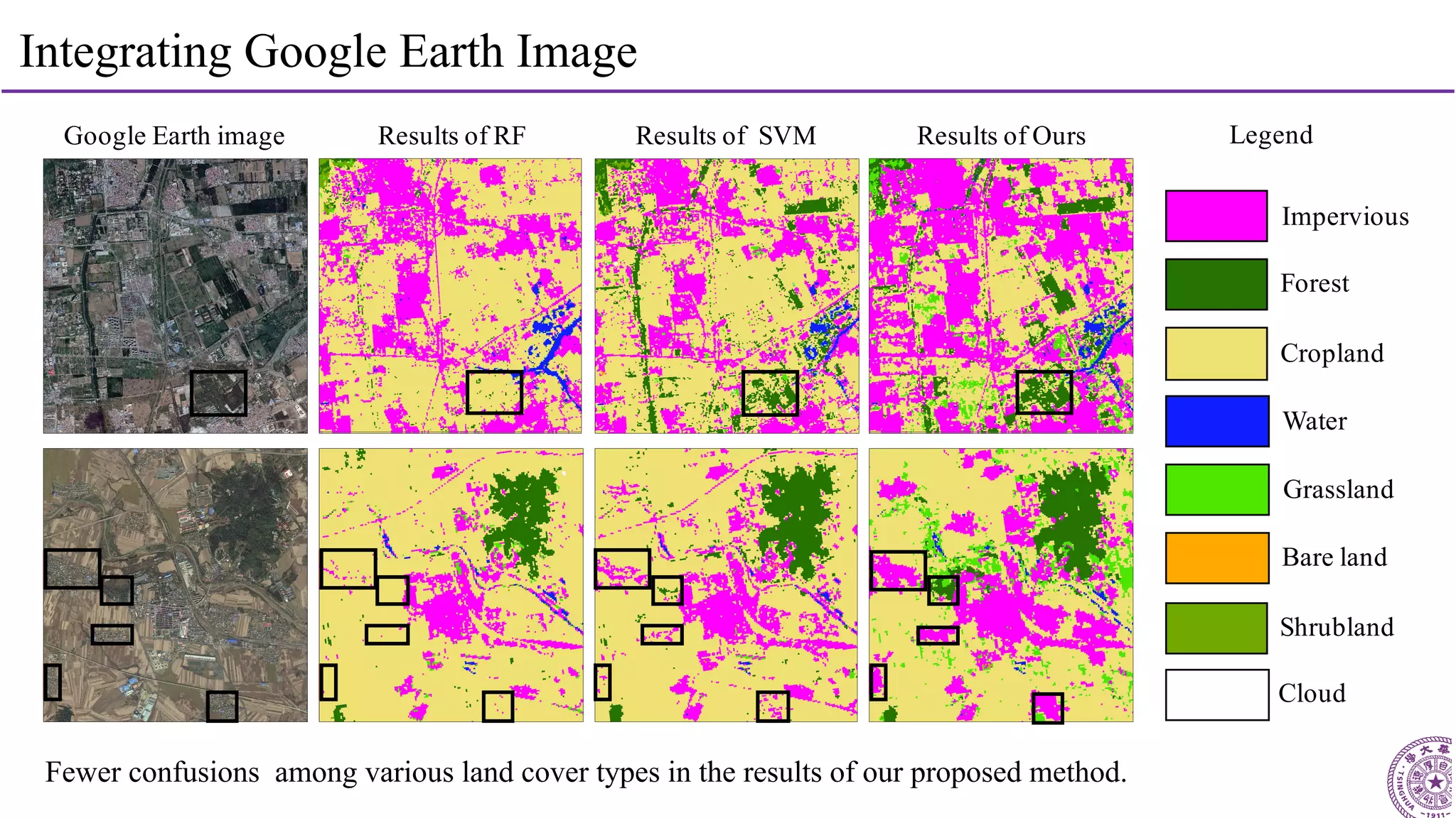 24
Integrating Google Earth Image
Fewer confusions among various land cover types in the results of our proposed method.
Google Earth image Results of RF Results of SVM Results of Ours
Cropland
Forest
Grassland
Shrubland
Water
Impervious
Bare land
Cloud
Legend
 