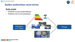 HES-SO Valais-Wallis
Page 16
Suites recherches court terme
PilotagePrédictions
à t + 15min
Suite projet
• Prédiction du parc photovoltaique
• Prédiction de la mini-hydraulique
 