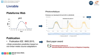 HES-SO Valais-Wallis
Page 15
Livrable
Plateforme Web
Publication
• Publication IEE IMIS 2015,
«Solar production prediction based on
non linear meteo source adaptation»
0
50
100
150
200
0 2 4 6 8 10 12 14 16 18 20 22
kWh
Hour
J+1
Best paper award
 