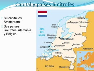 Capital y países limítrofes
Su capital es
Ámsterdam
Sus países
limítrofes: Alemania
y Bélgica
 