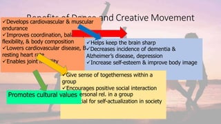 and Creative Movement
Benefits of Dance
• Physical
• Mental/ Emotional
• Social
• Cultural
Develops cardiovascular & muscular
endurance
Improves coordination, balance,
flexibility, & body composition
MI,
resting heart rate
Enables joint mobility
Helps keep the brain sharp
Lowers cardiovascular disease, BDecreases incidence of dementia &
Alzheimer’s disease, depression
Increase self-esteem & improve body image
&interp
Potent
Give sense of togetherness within a
group
Encourages positive social interaction
Promotes cultural values ersonal rel. in a group
ial for self-actualization in society
 