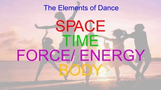 The Elements of Dance
SPACE
TIME
FORCE/ ENERGY
BODY
 