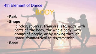 •Part
•Shape
circles, squares, triangles, etc. made with
parts of the body, the whole body, with
groups of people, or by moving through
space. Symmetrical or Asymmetrical
•Base
4th Element of Dance
BODY
 