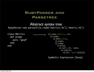 RubyParser and
                          Parsetree
                             Abstract syntax tree
            RubyParser.new.parse(File.read(‘metrics.rb’),‘metric.rb’)

           class Metrics                  s(:class,:Metrics, nil,
             def probe                      s(:scope,
                                               s(:defn,:probe,
               puts "good"                       s(:args),
             end                                 s(:scope,
           end                                     s(:block,
                                                      s(:call, nil, :puts,
                                                        s(:arglist,
                                                          s(:str, "good"))))))))


                                          Symbolic Expression (Sexp)




Sunday 30 May 2010
 