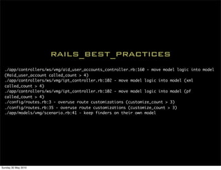 rails_best_practices
  ./app/controllers/ws/vmg/aid_user_accounts_controller.rb:160 - move model logic into model
  (@aid_user_account called_count > 4)
  ./app/controllers/ws/vmg/ipt_controller.rb:102 - move model logic into model (xml
  called_count > 4)
  ./app/controllers/ws/vmg/ipt_controller.rb:102 - move model logic into model (pf
  called_count > 4)
  ./config/routes.rb:3 - overuse route customizations (customize_count > 3)
  ./config/routes.rb:35 - overuse route customizations (customize_count > 3)
  ./app/models/vmg/scenario.rb:41 - keep finders on their own model




Sunday 30 May 2010
 