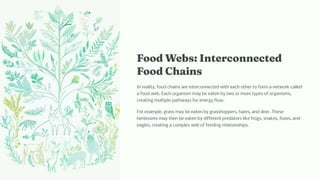 Food Web : I terco ected
Food C ai
In reality, food chains are interconnected with each other to form a network called
a food web. Each organism may be eaten by two or more types of organisms,
creating multiple pathways for energy flow.
For example, grass may be eaten by grasshoppers, hares, and deer. These
herbivores may then be eaten by different predators like frogs, snakes, foxes, and
eagles, creating a complex web of feeding relationships.
 