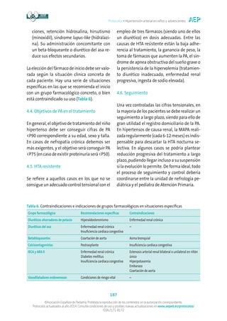 Protocolos • Hipertensión arterial en niños y adolescentes
187
©Asociación Española de Pediatría. Prohibida la reproducción de los contenidos sin la autorización correspondiente.
Protocolos actualizados al año 2014. Consulte condiciones de uso y posibles nuevas actualizaciones en www.aeped.es/protocolos/
ISSN 2171-8172
ciones, retención hidrosalina, hirsutismo
(minoxidil), síndrome lupus-like (hidralazi-
na). Su administración concomitante con
un beta-bloqueante o diurético del asa re-
duce sus efectos secundarios.
La elección del fármaco de inicio debe ser valo-
rada según la situación clínica concreta de
cada paciente. Hay una serie de situaciones
específicas en las que se recomienda el inicio
con un grupo farmacológico concreto, o bien
está contraindicado su uso (Tabla 6).
4.4. Objetivos de PA en el tratamiento
En general, el objetivo de tratamiento del niño
hipertenso debe ser conseguir cifras de PA
P90 correspondiente a su edad, sexo y talla.
En casos de nefropatía crónica debemos ser
más exigentes, y el objetivo será conseguir PA
P75 (en caso de existirproteinuriaseráP50).
4.5. HTA resistente
Se refiere a aquellos casos en los que no se
consigue un adecuado control tensional con el
empleo de tres fármacos (siendo uno de ellos
un diurético) en dosis adecuadas. Entre las
causas de HTA resistente están la baja adhe-
rencia al tratamiento, la ganancia de peso, la
toma de fármacos que aumenten la PA, el sín-
drome de apnea obstructiva del sueño grave o
la persistencia de la hipervolemia (tratamien-
to diurético inadecuado, enfermedad renal
progresiva, ingesta de sodio elevada).
4.6. Seguimiento
Una vez controladas las cifras tensionales, en
la mayoría de los pacientes se debe realizar un
seguimiento a largo plazo, siendo para ello de
gran utilidad el registro domiciliario de la PA.
En hipertensos de causa renal, la MAPA reali-
zada regularmente (cada 6-12 meses) es indis-
pensable para descartar la HTA nocturna se-
lectiva. En algunos casos se podría plantear
reducción progresiva del tratamiento a largo
plazo, pudiendo llegar incluso a su suspensión
si la evolución lo permite. De forma ideal, todo
el proceso de seguimiento y control debería
coordinarse entre la unidad de nefrología pe-
diátrica y el pediatra de Atención Primaria.
Tabla 6. Contraindicaciones e indicaciones de grupos farmacológicos en situaciones específicas
Grupo farmacológico Recomendaciones específicas Contraindicaciones
Diuréticos ahorradores de potasio Hiperaldosteronismo Enfermedad renal crónica
Diuréticos del asa Enfermedad renal crónica
Insuficiencia cardiaca congestiva
–
Betabloqueantes Coartación de aorta Asma bronquial
Calcioantagonistas Postrasplante Insuficiencia cardiaca congestiva
IECA y ARA II Enfermedad renal crónica
Diabetes mellitus
Insuficiencia cardiaca congestiva
Estenosis arterial renal bilateral o unilateral en riñón
único
Hiperpotasemia
Embarazo
Coartación de aorta
Vasodilatadores endovenosos Condiciones de riesgo vital –
 