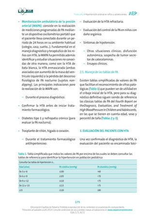 Protocolos • Hipertensión arterial en niños y adolescentes
175
©Asociación Española de Pediatría. Prohibida la reproducción de los contenidos sin la autorización correspondiente.
Protocolos actualizados al año 2014. Consulte condiciones de uso y posibles nuevas actualizaciones en www.aeped.es/protocolos/
ISSN 2171-8172
•	Monitorización ambulatoria de la presión
arterial (MAPA): consiste en la realización
de mediciones programadas de PA median-
te un dispositivo oscilométrico portátil que
el paciente lleva conectado durante un pe-
riodo de 24 horas en su ambiente habitual
(colegio, casa, sueño...). Fundamental en el
manejo diagnóstico y terapéutico de los ni-
ños con HTA, la MAPA ha permitido además
identificar y estudiar situaciones no conoci-
das de otra manera, como son la HTA de
bata blanca, la HTA enmascarada (ambas
asociadas con aumento de la masa del ven-
trículo izquierdo) o la pérdida del descenso
fisiológico de PA nocturno (sujetos non-
dipping). Las principales indicaciones para
la realización de la MAPA son:
	 –	Durante el proceso diagnóstico:
•	Confirmar la HTA antes de iniciar trata-
miento farmacológico.
•	Diabetes tipo 1 y nefropatía crónica (para
evaluar la PA nocturna).
•	Trasplante de riñón, hígado o corazón.
	 –	Durante el tratamiento farmacológico
antihipertensivo:
•	Evaluación de la HTA refractaria.
•	Evaluación del control de la PA en niños con
daño orgánico.
•	Síntomas de hipotensión.
	 –	Otras situaciones clínicas: disfunción
autonómica, sospecha de tumor secre-
tor de catecolaminas.
	 –	Ensayos clínicos.
2.5. Manejo de las tablas de PA
Existen tablas simplificadas de valores de PA
que facilitan el reconocimiento de cifras pato-
lógicas (Tabla 1) que pueden ser de utilidad en
el cribaje inicial de la HTA, pero para su diag-
nóstico definitivo siguen siendo de referencia
las clásicas tablas de PA del Fourth Report on
theDiagnosis, Evaluation, and Treatment of
HighBloodPressureinChildrenandAdolescents,
en las que se tienen en cuenta edad, sexo y
percentil de talla (Tablas 2 y 3).
3. EVALUACIÓN DEL PACIENTE CON HTA
Una vez confirmado el diagnóstico de HTA, la
evaluación del paciente va encaminada bási-
Tabla 1. Tabla simplificada que indica los valores de PA por encima de los cuales se deben consultar las
tablas de referencia para identificar la hipertensión en población pediátrica
Consultar las tablas de hipertensión si...
Edad (años) PA sistólica (mmHg) PA diastólica (mmHg)
De 3 a 6 ≥100 60
De 6 a 9 ≥105 70
De 9 a 12 ≥110 75
De 12 a 15 ≥115 75
≥15 ≥120 ≥80
 