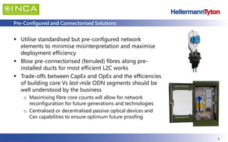 5
Pre-Configured and Connectorised Solutions
▪ Utilise standardised but pre-configured network
elements to minimise misinterpretation and maximise
deployment efficiency
▪ Blow pre-connectorised (ferruled) fibres along pre-
installed ducts for most efficient L2C works
▪ Trade-offs between CapEx and OpEx and the efficiencies
of building core Vs last-mile ODN segments should be
well understood by the business
o Maximising fibre core counts will allow for network
reconfiguration for future generations and technologies
o Centralised or decentralised passive optical devices and
Cex capabilities to ensure optimum future proofing
 