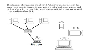 The diagrams shown above are all wired. What if your classmates in the
same room want to connect to your network using their smartphones and
tablets, which do not have Ethernet cabling capability? It is where we need
to set up the wireless LAN.
 
