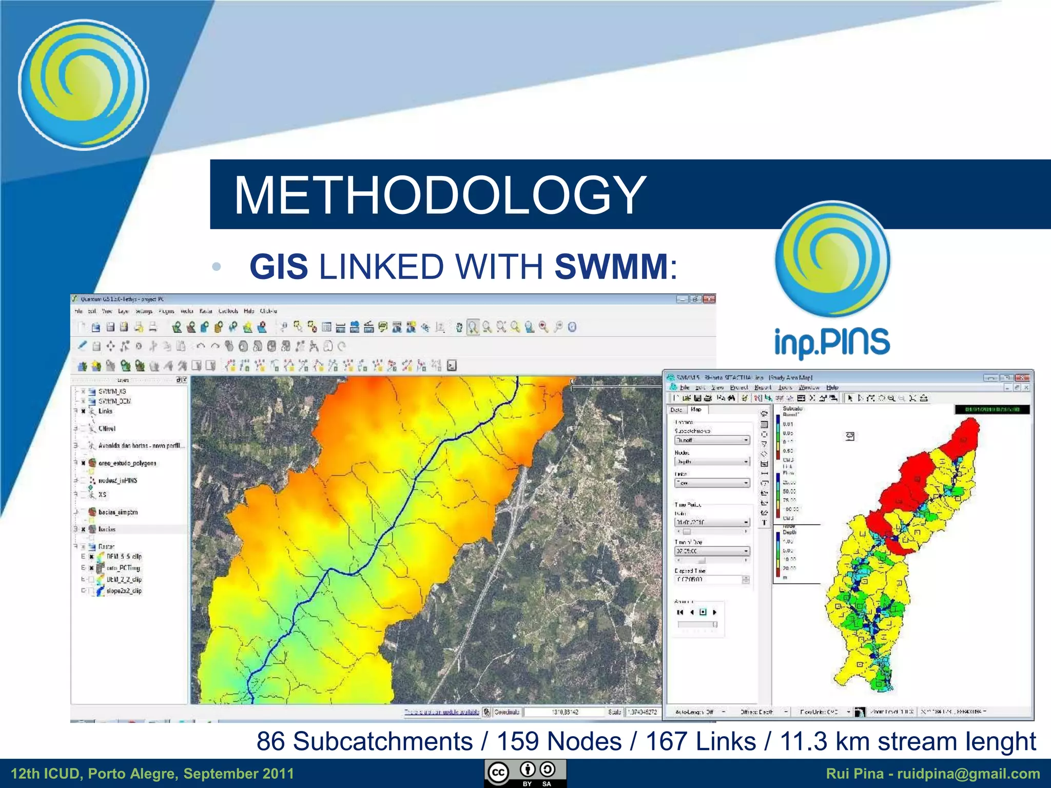 METHODOLOGY
                           • GIS LINKED WITH SWMM:




                                 86 Subcatchments / 159 Nodes / 167 Links / 11.3 km stream lenght
12th ICUD, Porto Alegre, September 2011                                        Rui Pina - ruidpina@gmail.com
 