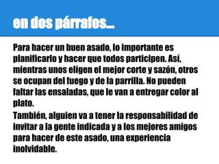en dos párrafos...
Para hacer un buen asado, lo importante es
planificarlo y hacer que todos participen. Así,
mientras unos eligen el mejor corte y sazón, otros
se ocupan del fuego y de la parrilla. No pueden
faltar las ensaladas, que le van a entregar color al
plato.
También, alguien va a tener la responsabilidad de
invitar a la gente indicada y a los mejores amigos
para hacer de este asado, una experiencia
inolvidable.
 