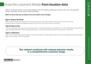 When someone travels long distances many times per month you can safely assume that their work involves a lot of travel.
Probably hotel and restaurant suggestions would be useful. Also, remind them about car servicing.
Data on a customer’s location is not only great material for real-time marketing, allowing you to send an offer in the most appropriate
moment. It also helps you learn about a customer’s lifestyle.
Below we show what you can deduce from user location and its changes.
Type A. King of the Road
Know the customer’s lifestyle from location data
If you can see regular short trips, you know a given user is a commuter and likely has a traditional 9 to 5 job. It entails fixed rituals and habits,
such as shopping after work. After recognizing the pattern, you will be able to find a place for your product in that routine.
Type B. Nine-to-five
Users who move long distances and explore new places are specific: this type shares a distinct ethos of independence and resourcefulness.
Refer to those values in the communication.
Type C. Adventurer
This dataset combined with website behavior results
in a comprehensive customer image.
12IdeasforOmnichannelMarketing
13
 