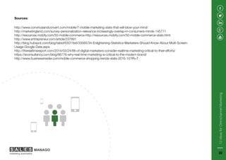 http://www.convinceandconvert.com/mobile/7-mobile-marketing-stats-that-will-blow-your-mind/
http://marketingland.com/survey-personalization-relevance-increasingly-overlap-in-consumers-minds-145771
http://resources.mobify.com/50-mobile-commerce-http://resources.mobify.com/50-mobile-commerce-stats.html
http://www.entrepreneur.com/article/237891
http://blog.hubspot.com/blog/tabid/6307/bid/33565/34-Enlightening-Statistics-Marketers-Should-Know-About-Multi-Screen-
Usage-Google-Data.aspx
http://therealtimereport.com/2014/03/24/88-of-digital-marketers-consider-realtime-marketing-critical-to-their-efforts/
https://econsultancy.com/blog/66776-why-real-time-marketing-is-critical-to-the-modern-brand/
http://www.businessinsider.com/mobile-commerce-shopping-trends-stats-2016-10?IR=T
Sources:
12IdeasforOmnichannelMarketing
22
 