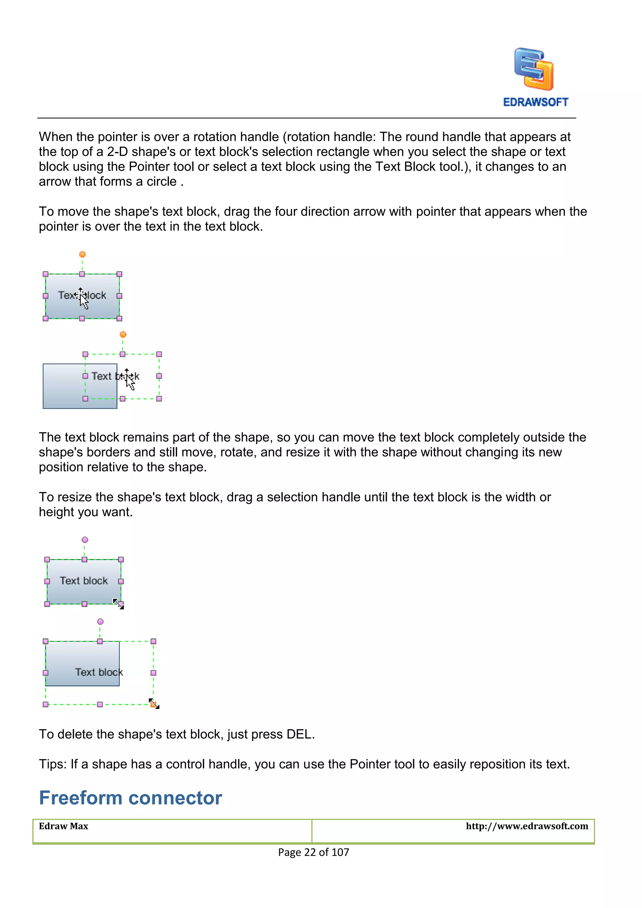 Edraw Max http://www.edrawsoft.com
Page 22 of 107
When the pointer is over a rotation handle (rotation handle: The round handle that appears at
the top of a 2-D shape's or text block's selection rectangle when you select the shape or text
block using the Pointer tool or select a text block using the Text Block tool.), it changes to an
arrow that forms a circle .
To move the shape's text block, drag the four direction arrow with pointer that appears when the
pointer is over the text in the text block.
The text block remains part of the shape, so you can move the text block completely outside the
shape's borders and still move, rotate, and resize it with the shape without changing its new
position relative to the shape.
To resize the shape's text block, drag a selection handle until the text block is the width or
height you want.
To delete the shape's text block, just press DEL.
Tips: If a shape has a control handle, you can use the Pointer tool to easily reposition its text.
Freeform connector
 
