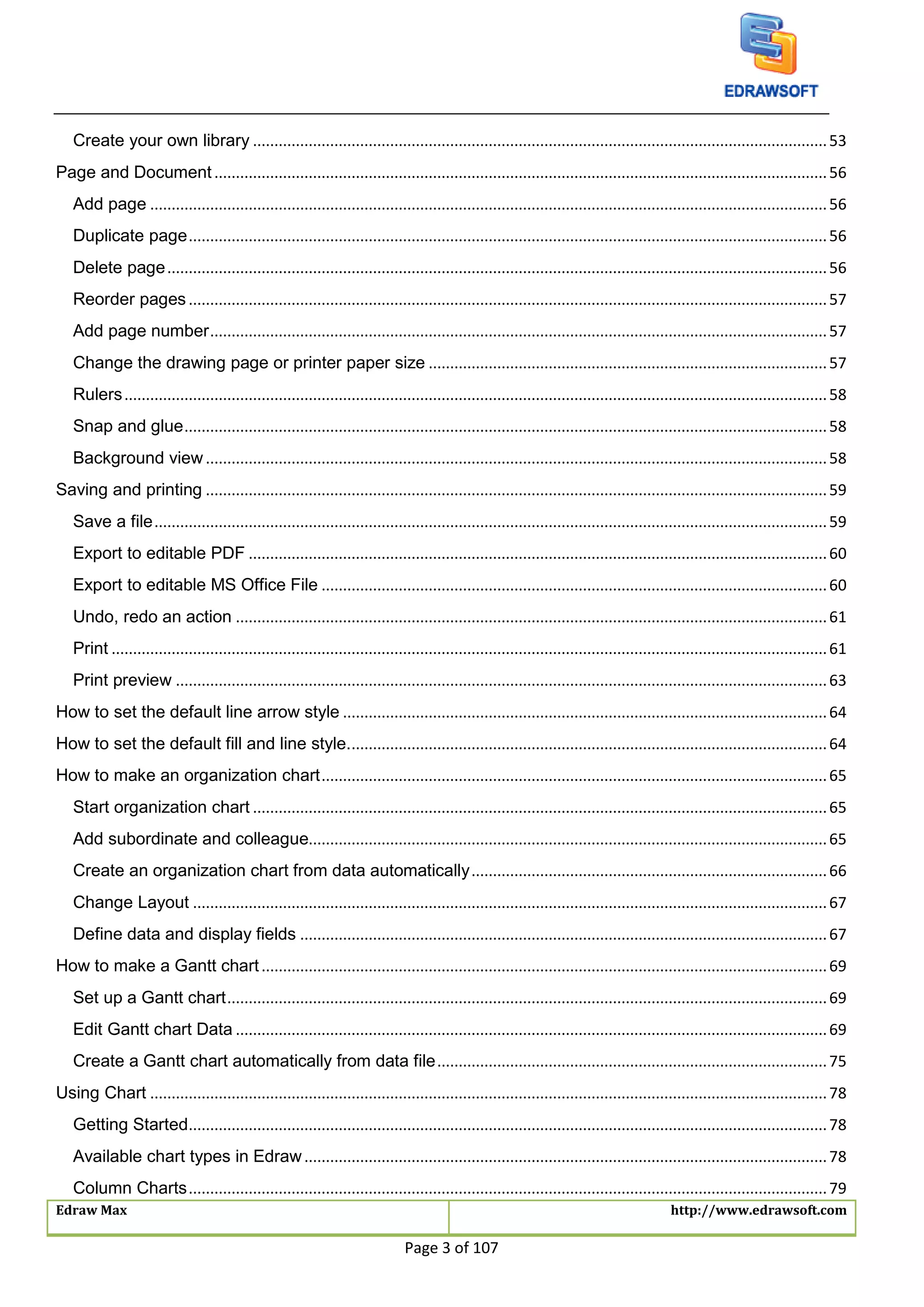 Edraw Max http://www.edrawsoft.com
Page 3 of 107
Create your own library ......................................................................................................................................53
Page and Document...............................................................................................................................................56
Add page ..............................................................................................................................................................56
Duplicate page.....................................................................................................................................................56
Delete page..........................................................................................................................................................56
Reorder pages.....................................................................................................................................................57
Add page number................................................................................................................................................57
Change the drawing page or printer paper size .............................................................................................57
Rulers....................................................................................................................................................................58
Snap and glue......................................................................................................................................................58
Background view.................................................................................................................................................58
Saving and printing .................................................................................................................................................59
Save a file.............................................................................................................................................................59
Export to editable PDF .......................................................................................................................................60
Export to editable MS Office File ......................................................................................................................60
Undo, redo an action ..........................................................................................................................................61
Print .......................................................................................................................................................................61
Print preview ........................................................................................................................................................63
How to set the default line arrow style .................................................................................................................64
How to set the default fill and line style................................................................................................................64
How to make an organization chart......................................................................................................................65
Start organization chart ......................................................................................................................................65
Add subordinate and colleague.........................................................................................................................65
Create an organization chart from data automatically...................................................................................66
Change Layout ....................................................................................................................................................67
Define data and display fields ...........................................................................................................................67
How to make a Gantt chart....................................................................................................................................69
Set up a Gantt chart............................................................................................................................................69
Edit Gantt chart Data ..........................................................................................................................................69
Create a Gantt chart automatically from data file...........................................................................................75
Using Chart ..............................................................................................................................................................78
Getting Started.....................................................................................................................................................78
Available chart types in Edraw..........................................................................................................................78
Column Charts.....................................................................................................................................................79
 